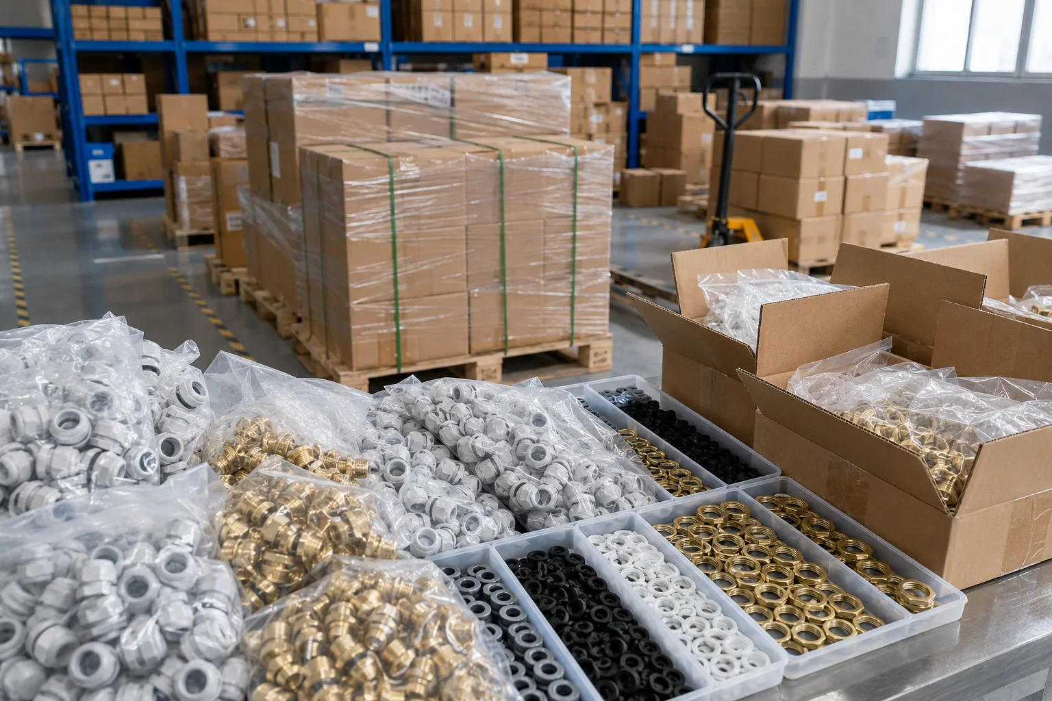 Cable gland product stock, sorting and export packing preparation