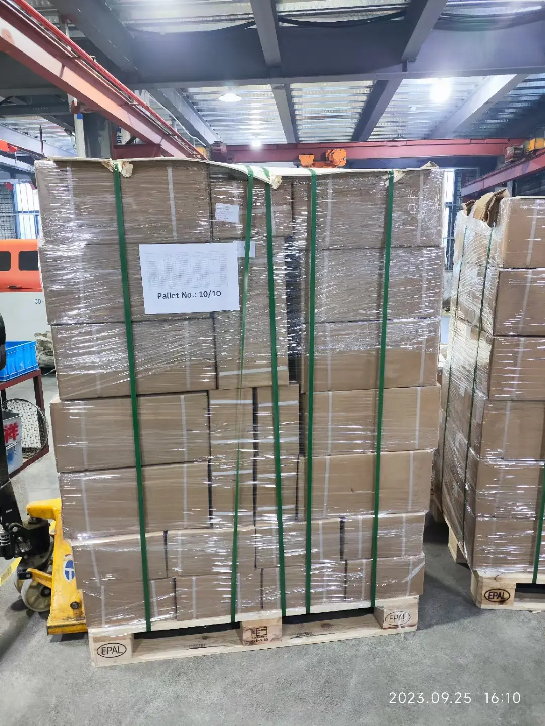 Archived packing record showing pallet 10 of 10 wrapped and strapped before shipment on 25 September 2023