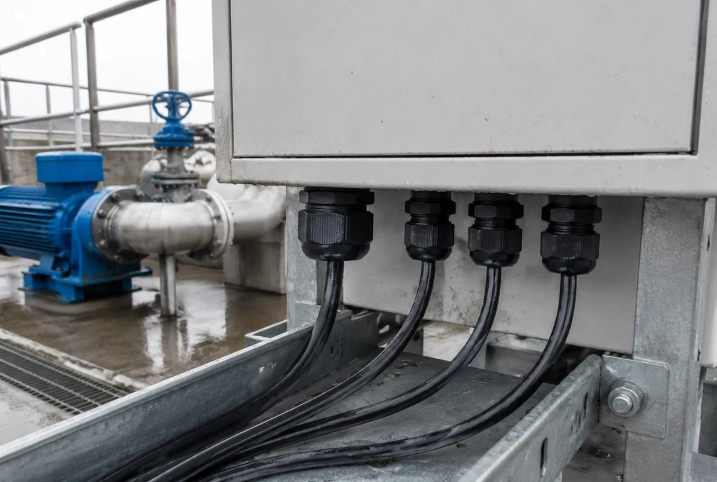 Black waterproof cable glands installed on an outdoor water-treatment control cabinet after rain