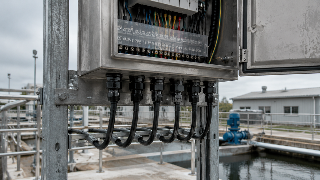 Concept configuration showing waterproof cable glands on an outdoor control cabinet