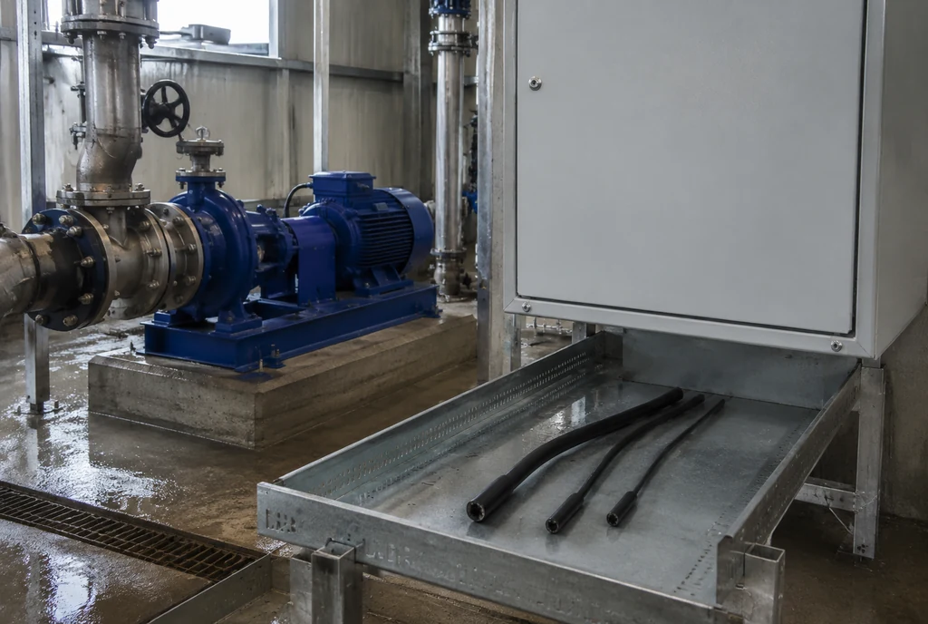 Pump room control cabinet with different cable sizes prepared for wet-service cable entry selection