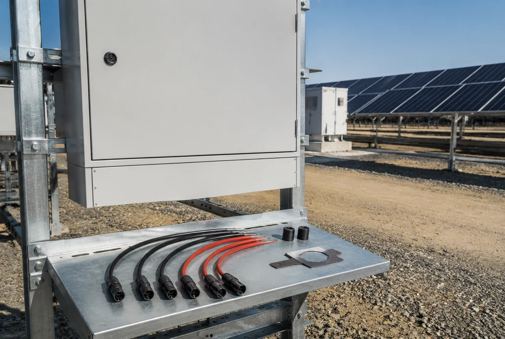 Solar PV enclosure with multiple cable routes and waterproof closure plugs prepared for entry planning