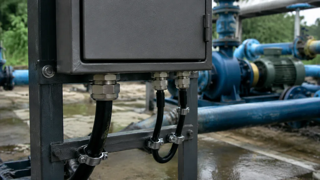 Representative installation showing brass cable glands and supported cables on a pump control enclosure