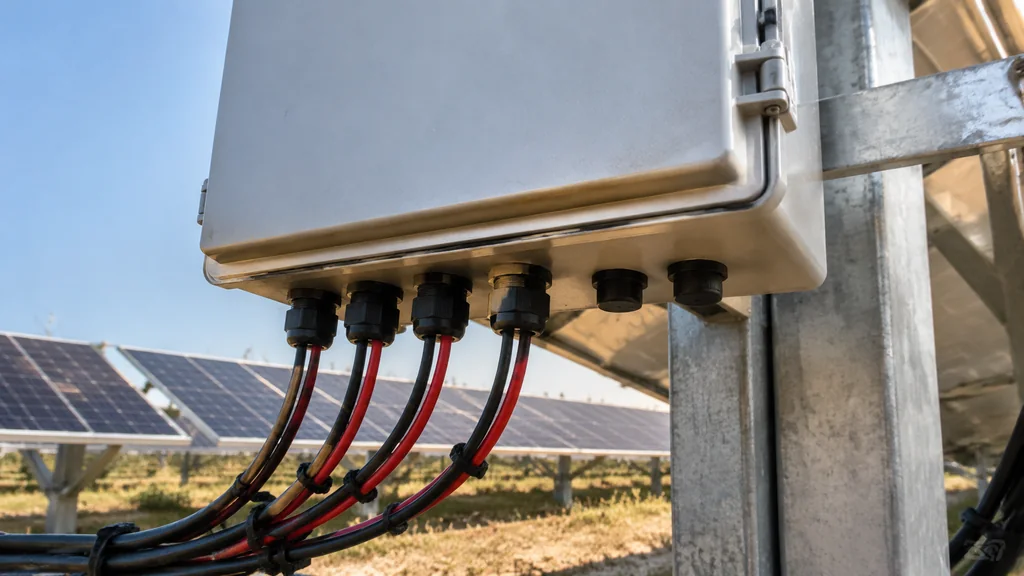Representative installation showing sealed cable entries on an outdoor solar PV combiner box