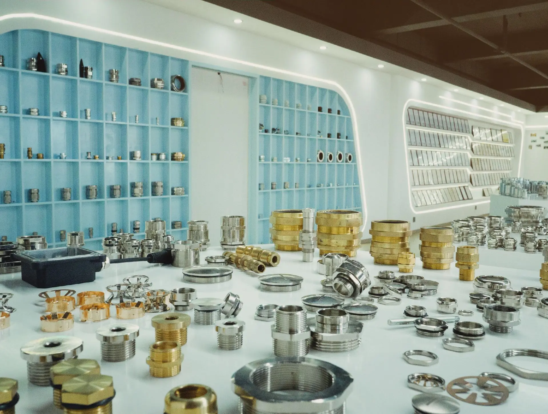Metal cable glands and waterproof cable entry products in the Voltaglands showroom